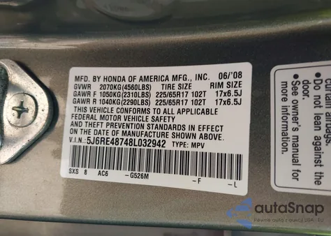 2008 Honda Cr-V Ex-L z USA, uszkodzony, nr VIN 5J6RE48748L032942